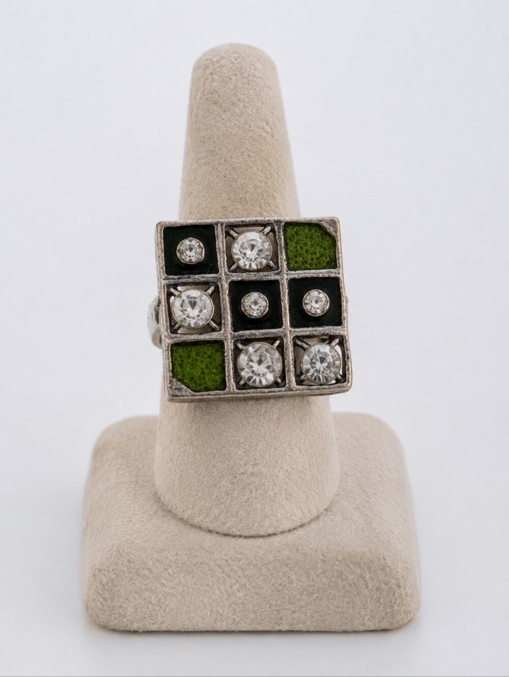 Adjustable Silver Tone Green & Clear Rhinestone Mosaic Statement Ring Size 6 7 8